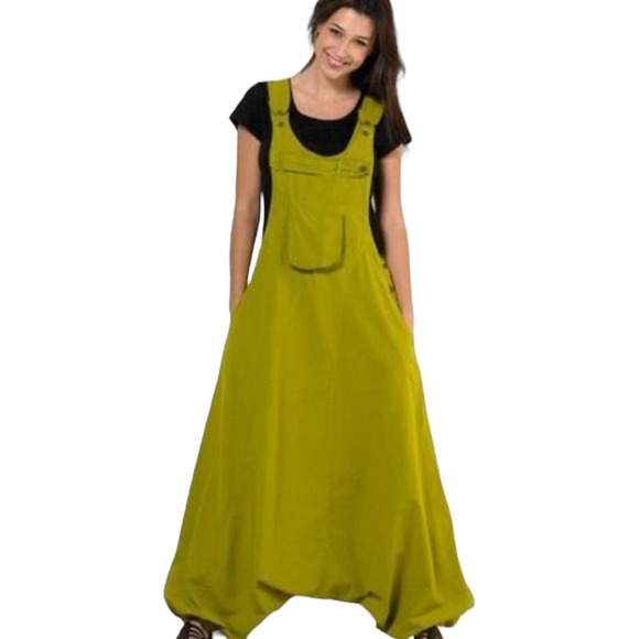 Coline Lagenlook Stonewash Cotton Harem Jumpsuit Chartreuse Green Size Large - Picture 1 of 8